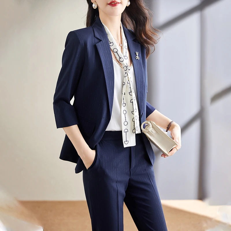 藏青色西装外套女士夏季2025新款工服职业正装七分袖薄款西服休闲