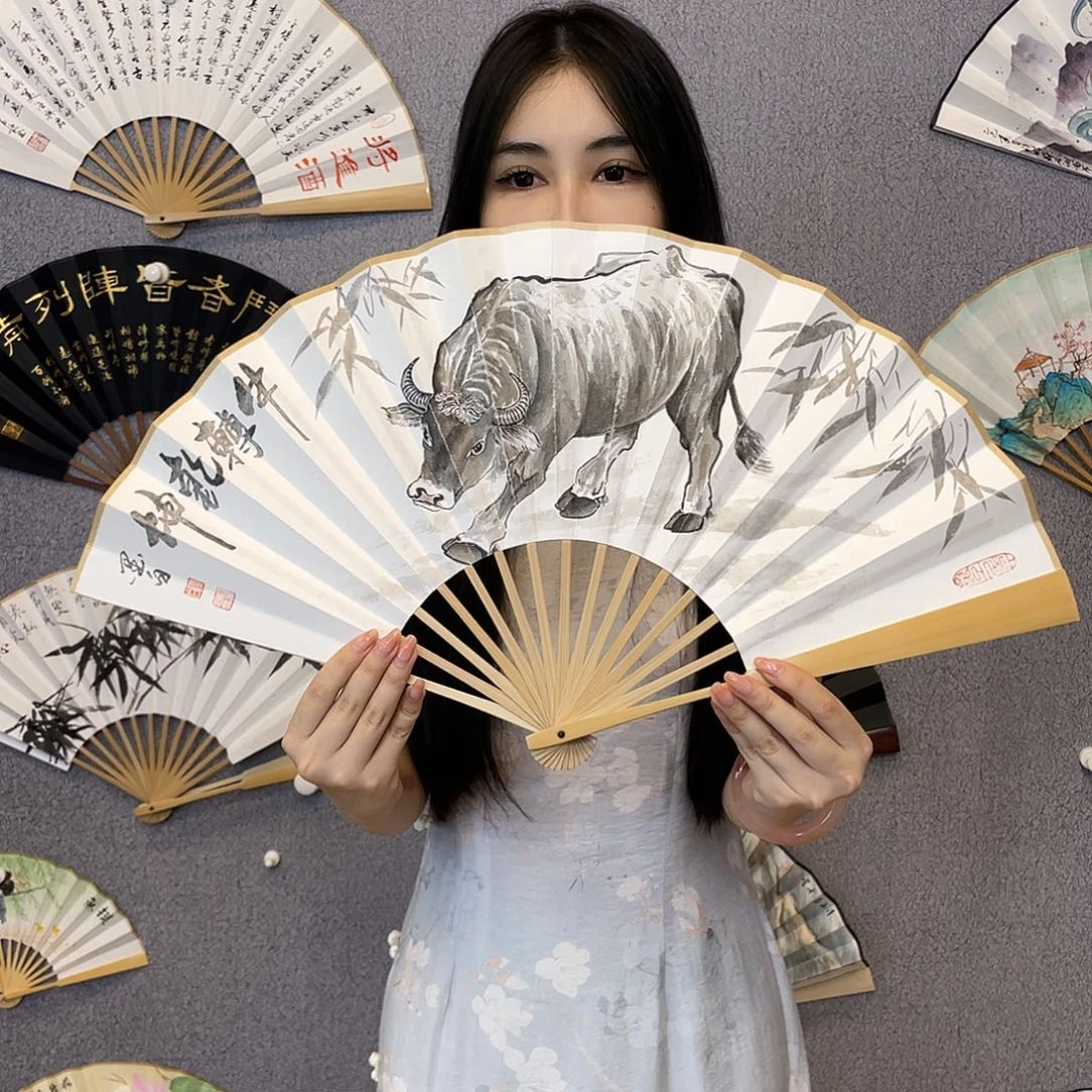 书法10寸玉竹-纯手绘-文玩扇骨（默认粘好）