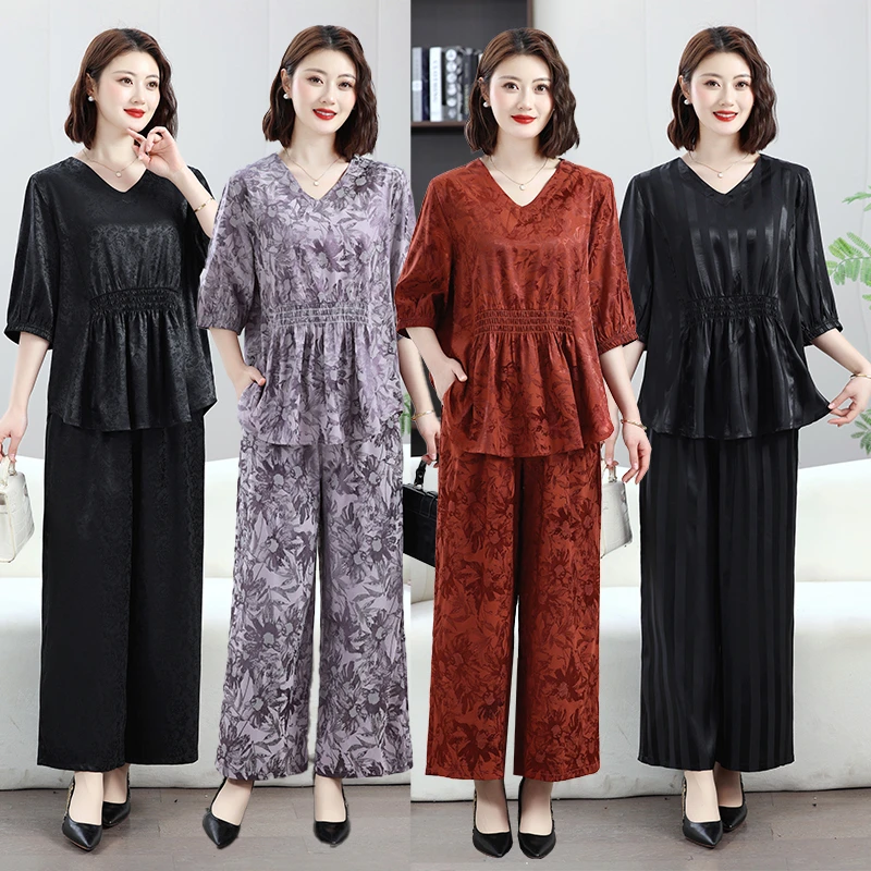 2025新款夏季加肥加大两件套套装中年大码上衣裤子宽松显瘦妈妈装