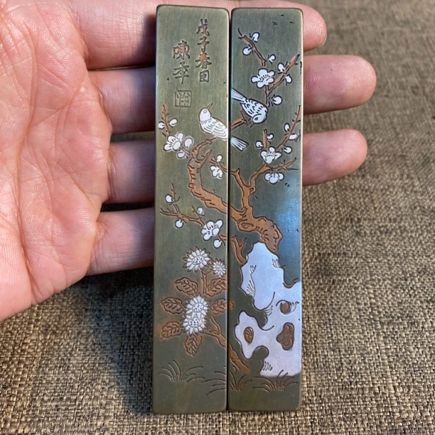 纯铜喜鹊登梅小镇尺摆件一对