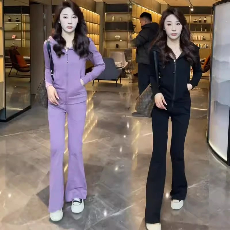 时尚休闲套装女士2025春季新款洋气减龄连帽开衫外套微喇裤两件套