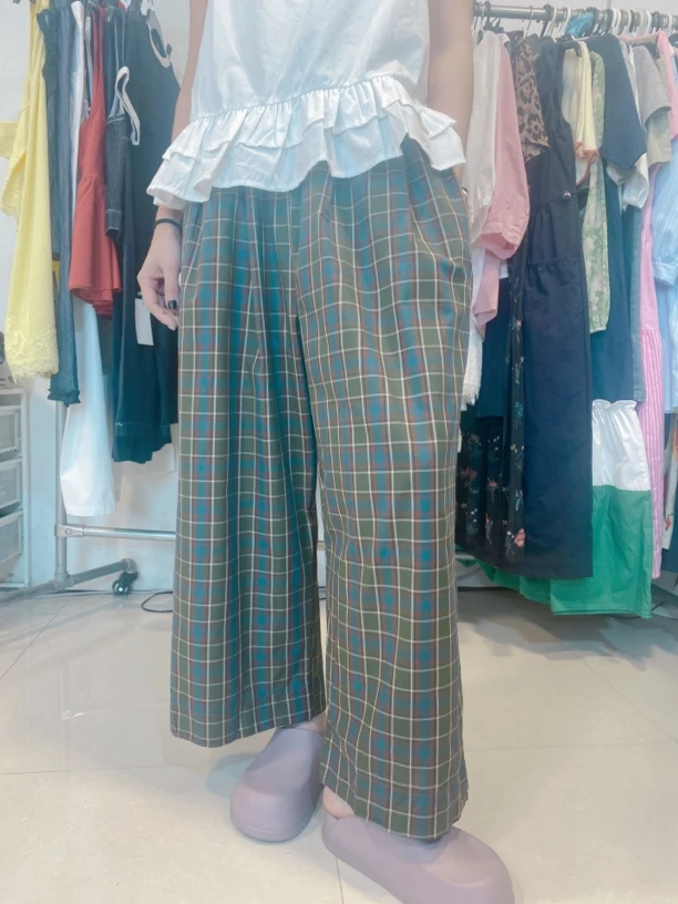 闪家新款韩版绿色格子裤