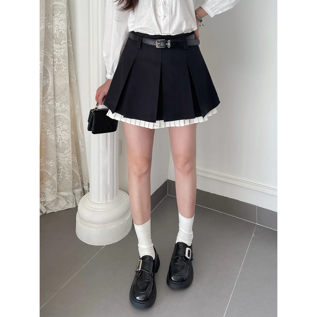 KIKI严选：2305-1-N家欧货南油百搭通勤短裙时尚百褶裙洋气半身裙