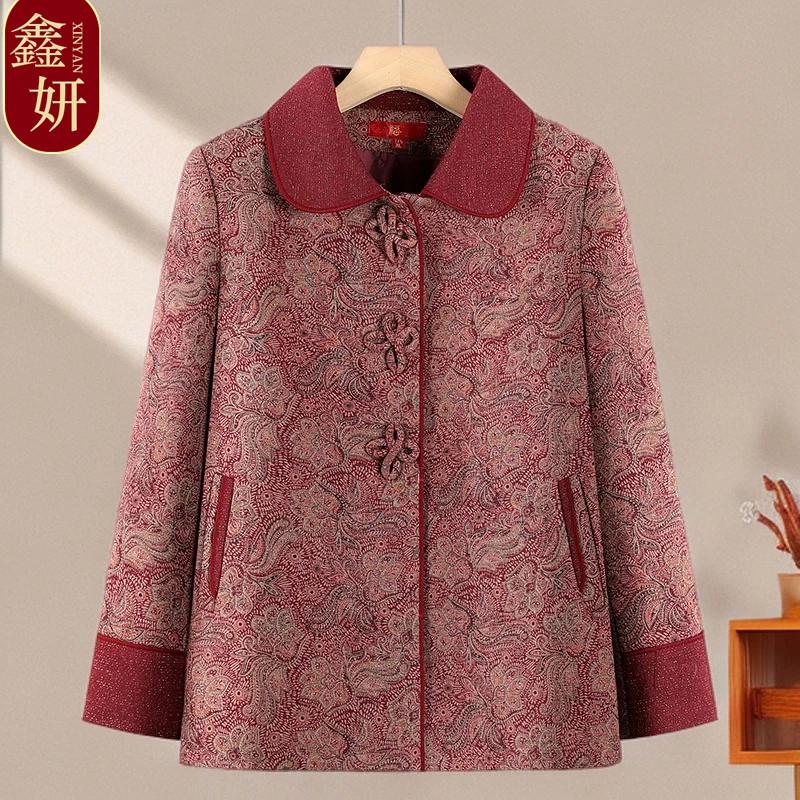 中老年气质妈妈装秋冬休闲翻领夹克外套老年人奶奶秋季洋气上衣