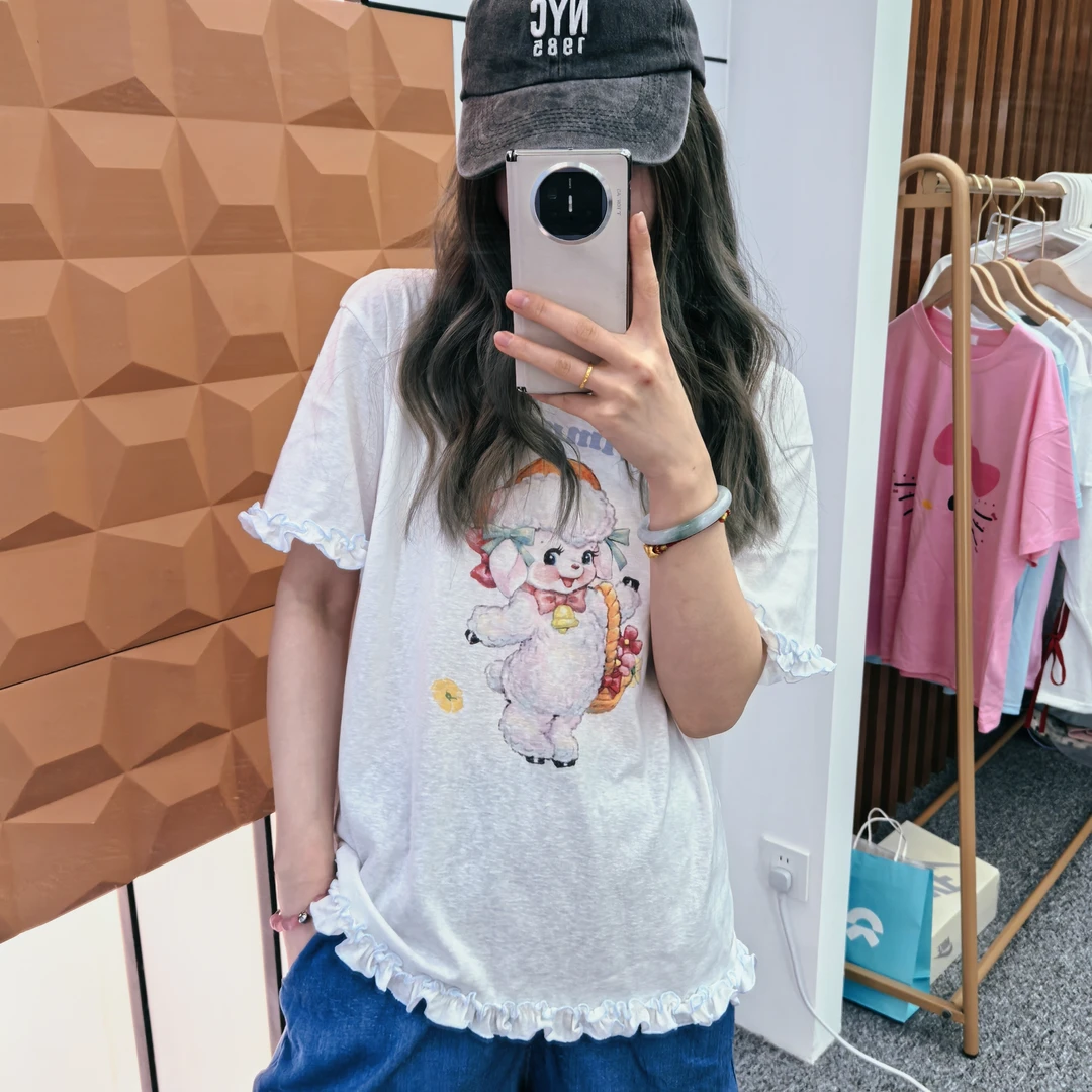自留~小个子 25夏季设计款ins可爱卡通小羊木耳边减龄短袖T恤