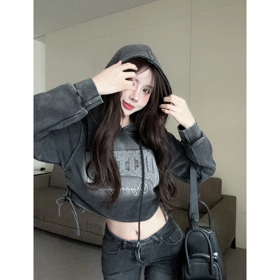 美式复古渐变短款套头连帽卫衣女立体母印花抽绳显瘦高级上衣长袖