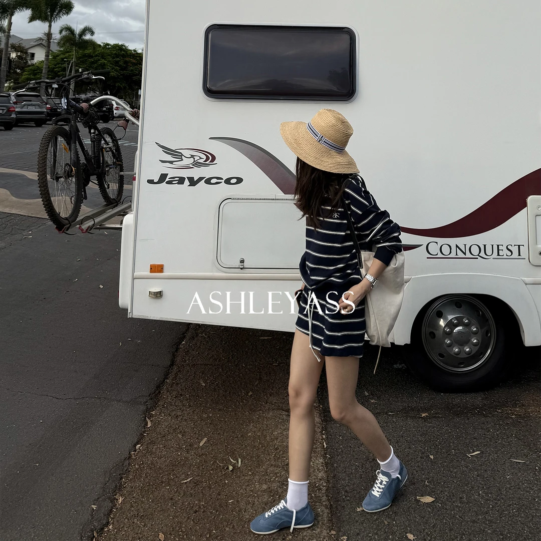 【ASHLEYASS】“海滩条纹短裤”螺纹抽绳腰头A字版短裤LSK250088R