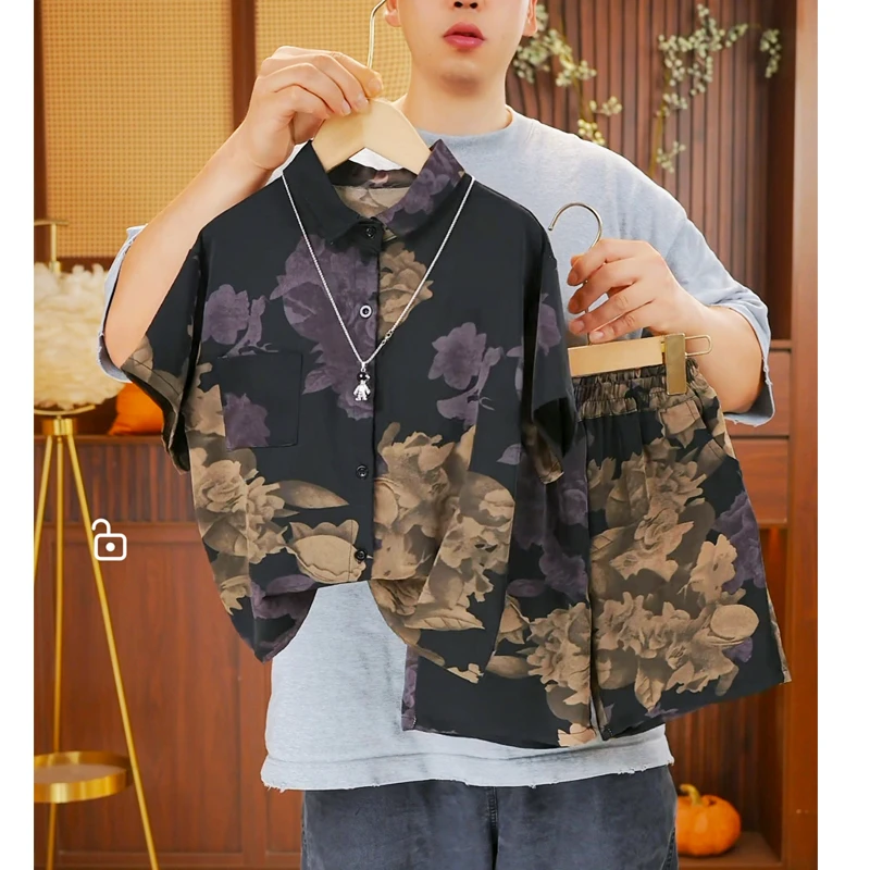 H0223（设计师款）亲子姐弟夏季薄款花衬衫两件套港风痞帅丝滑套装