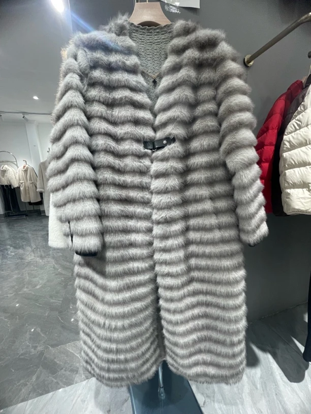 高端款海宁高端皮草2024冬季新款环保皮草龙猫条纹时尚长款外套