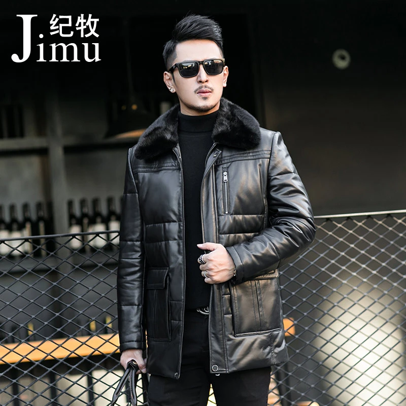 纪牧海宁真皮羽绒服男士中长款皮衣水貂翻领中老年皮夹克加绒外套