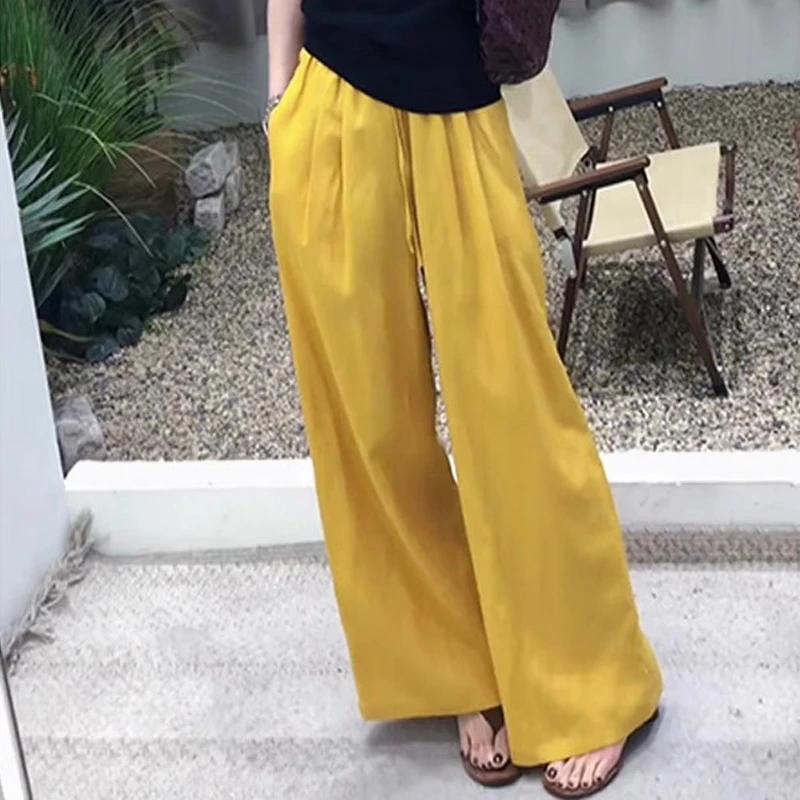 老钱风天丝亚麻阔腿裤女夏薄款2025新款高腰垂感松弛感棉麻休闲裤