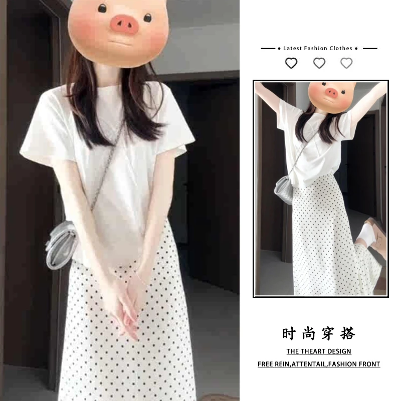 小个子休闲洋气时尚减龄白色蝴蝶结T恤波点半身裙两件套装女夏季