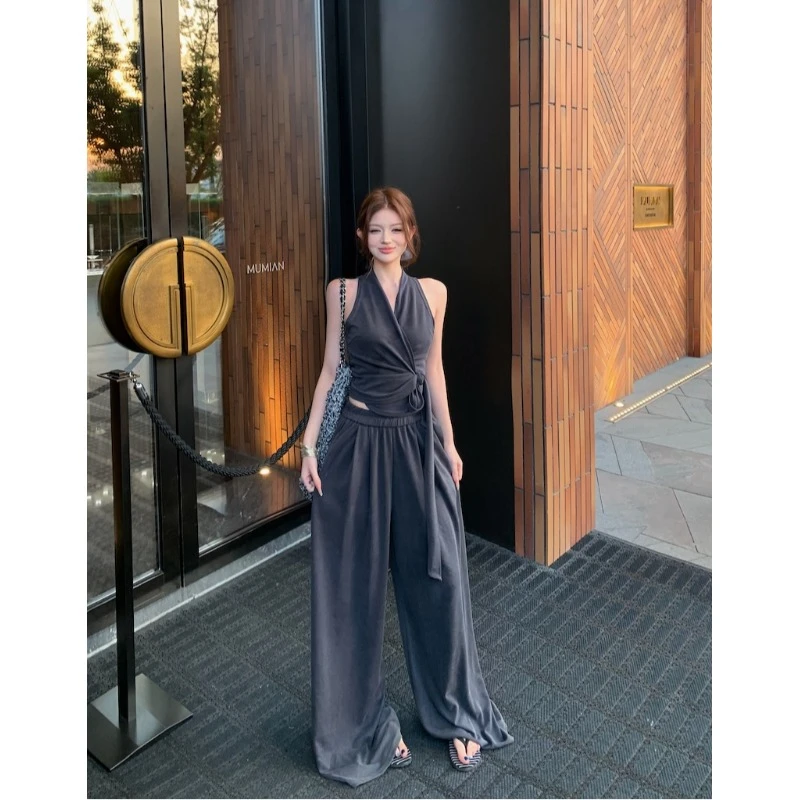 休闲套装绑带修身气质无袖背心上衣女夏季高腰阔腿长裤灰色两件套