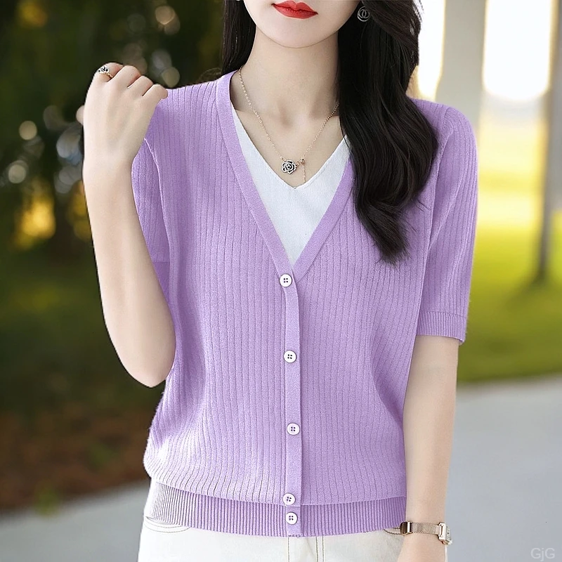 假两件新款薄款显瘦短袖衫领宽松大码V领女士百搭VT恤显瘦冰丝