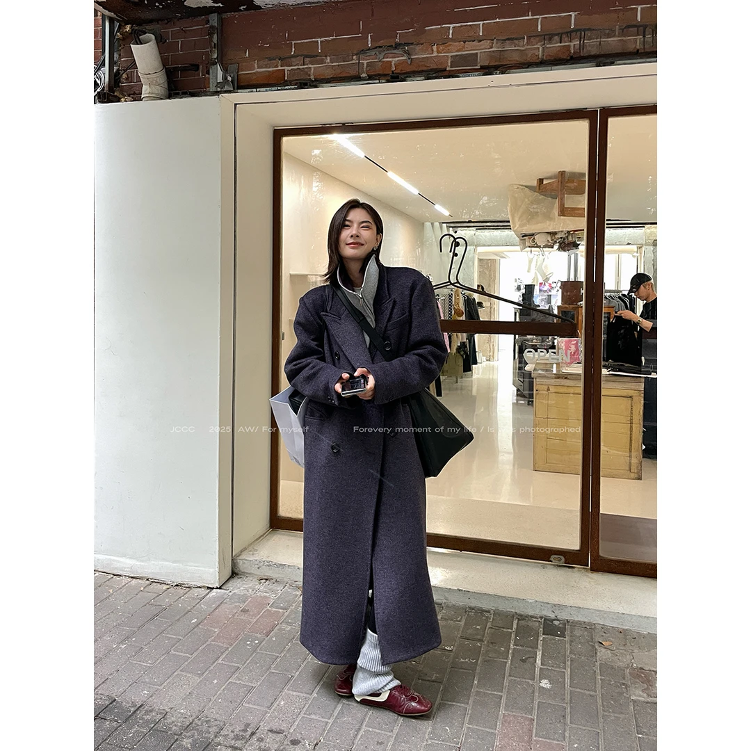 JCCC影子【普罗旺斯】紫色气质经典绵羊毛混纺长款大衣外套JE5HMD12