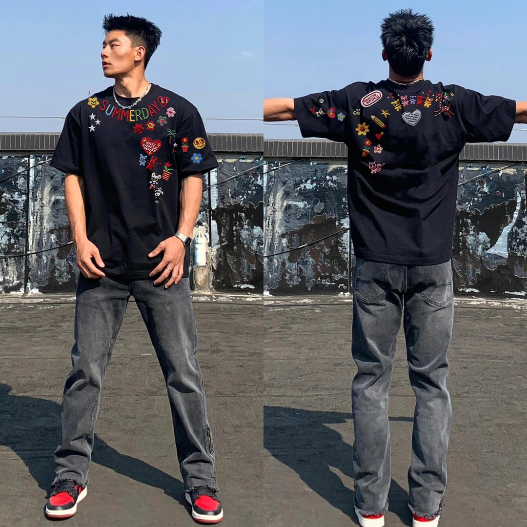 100%纯棉美式趣味图案字母仿刺绣印花休闲短袖t恤男女夏情侣上衣