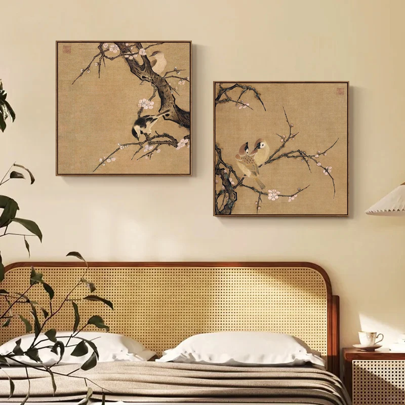 宋式美学花鸟挂画中古风客厅装饰画中式法式复古艺术感沙发墙挂画