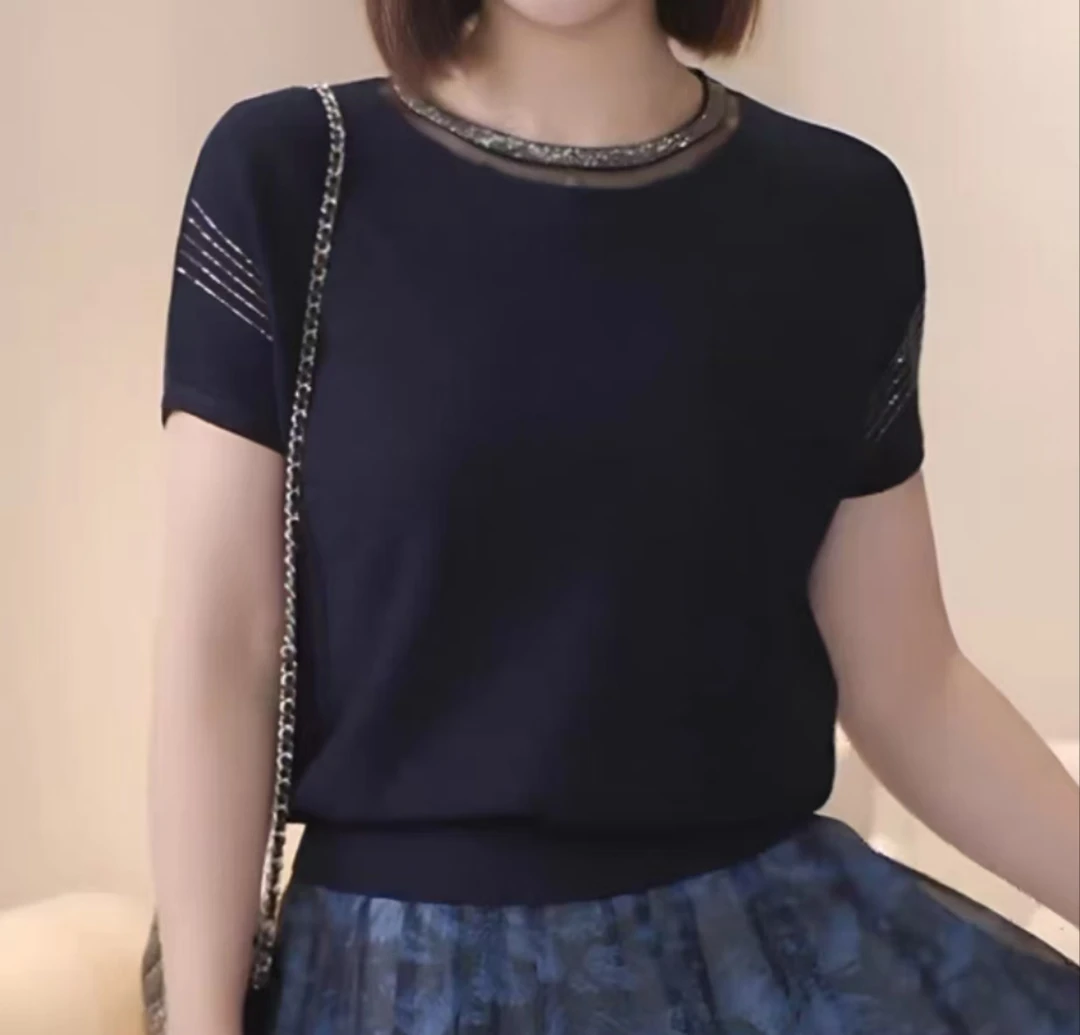圆领气质黑色女装女秋季毛针织衫短袖夏季上衣显瘦