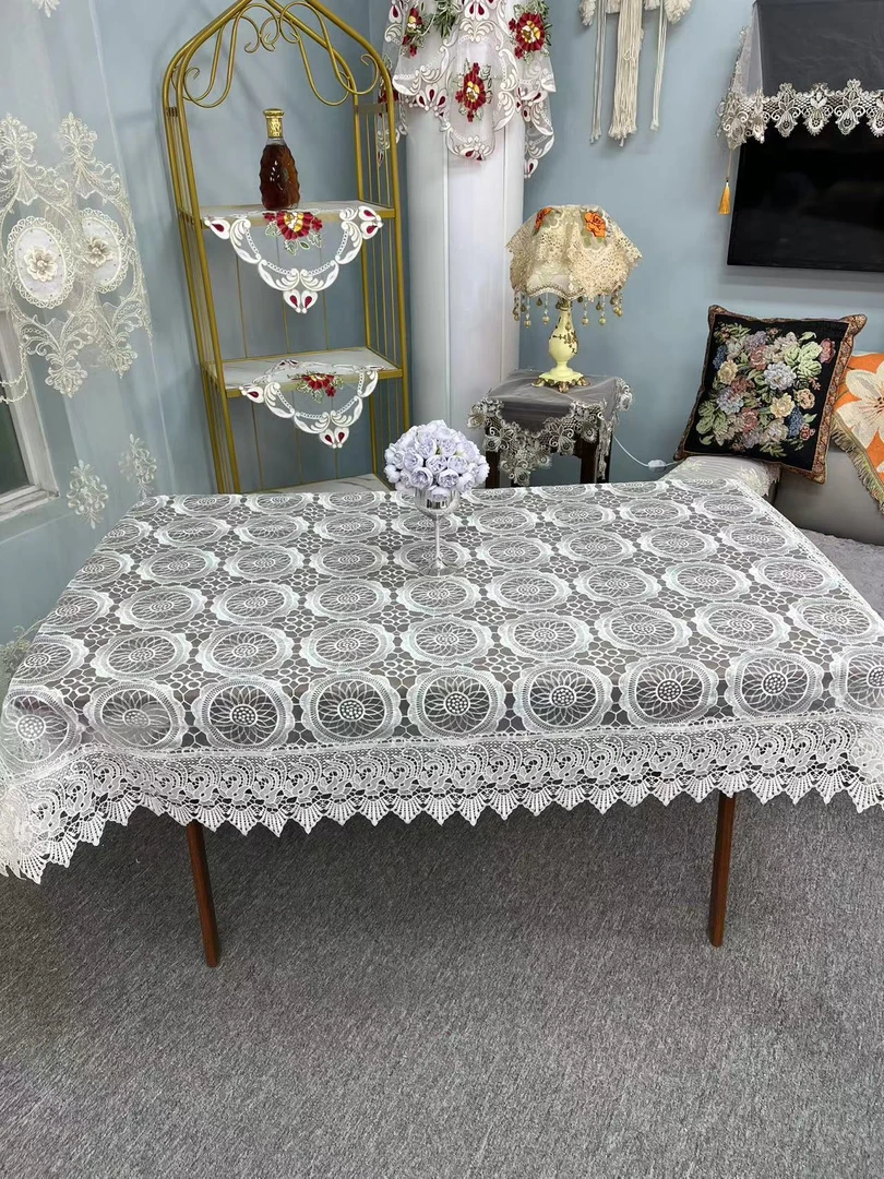 B-02【130*180】白色手工水溶刺绣圆形图案餐桌布茶几布盖巾
