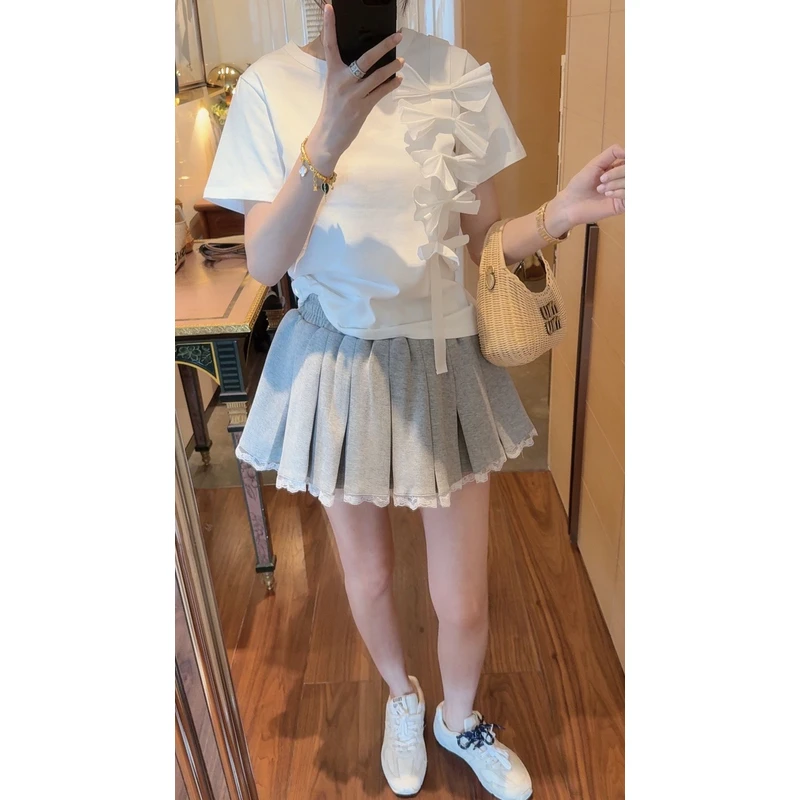 【张静芝】立体蝴蝶结白色短袖T恤
