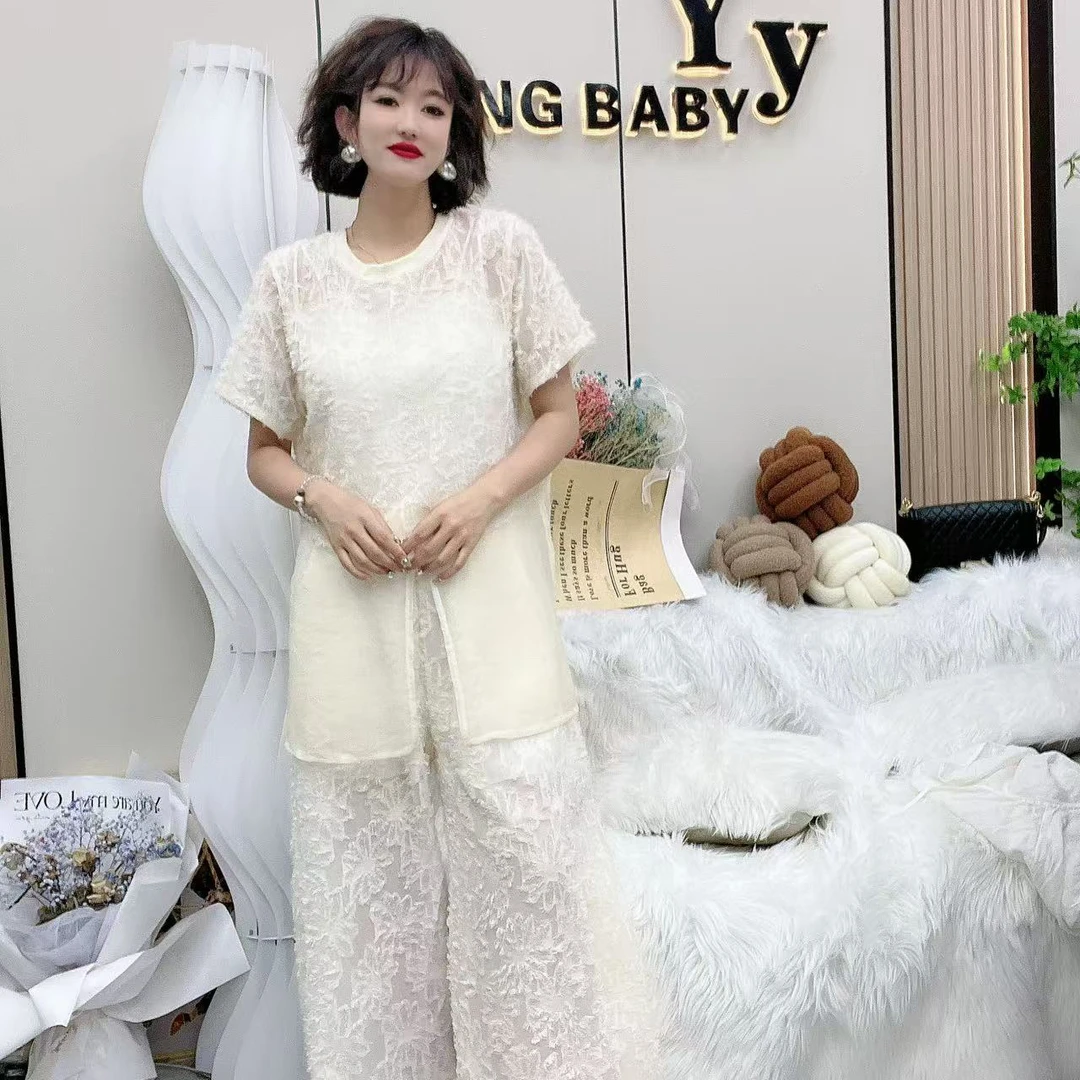 YY大码(云雾套装)短袖白色法式显瘦夏季高级感遮肚套装