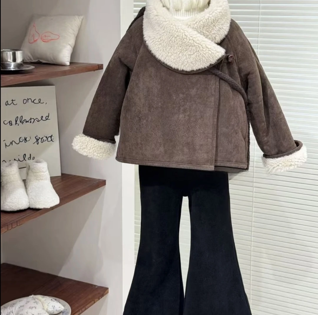 女童麂皮绒外套秋冬款儿童韩版洋气女宝宝皮毛一体加厚上衣服套装