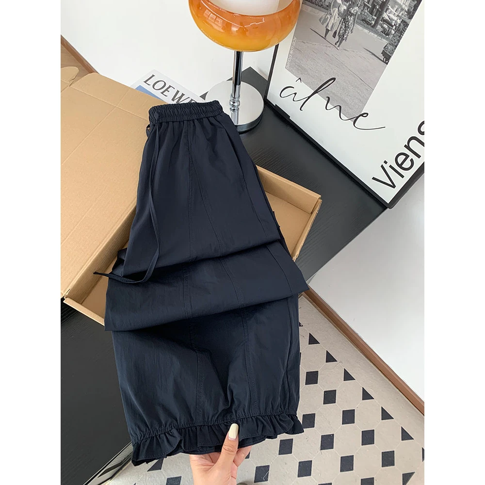 韩系小众设计感木耳边速干灯笼裤女2025夏季时尚甜美休闲阔腿裤子