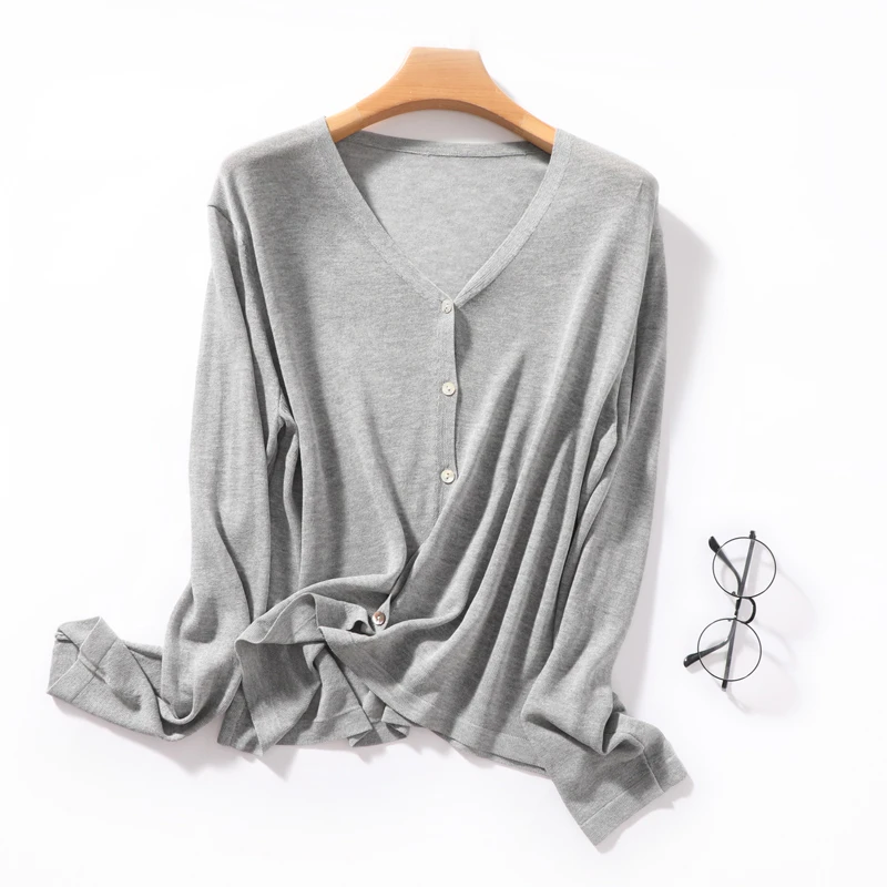 春夏新款V领~~竹节麻微透肌理感防晒空调衫长袖开衫外搭百搭女