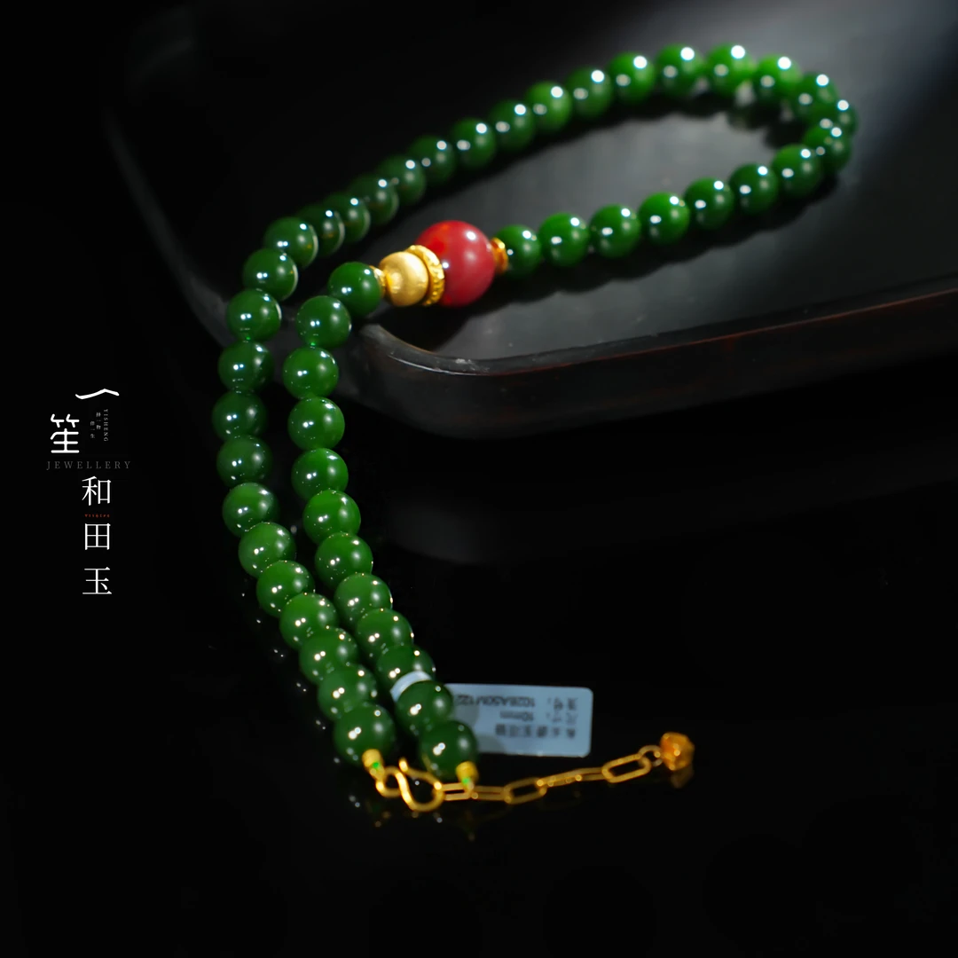 【一笙珠宝】和田玉俄7菠菜绿圆珠项链48+1颗9~10mm 51cm YS23185