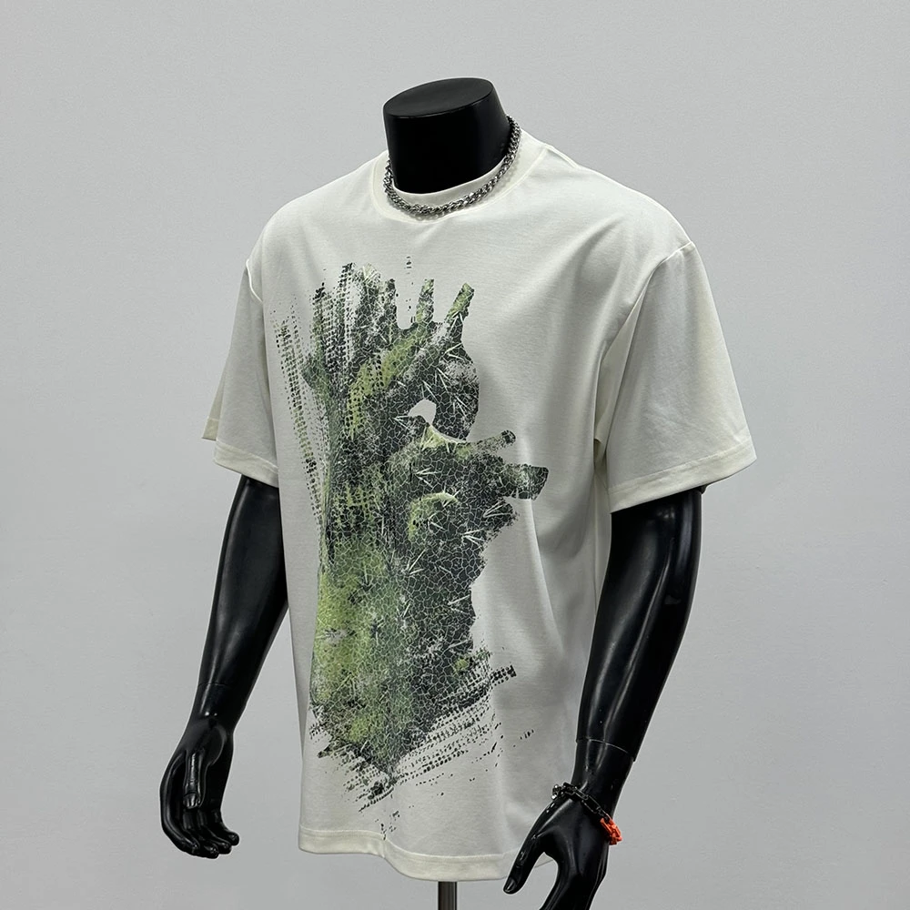 2025年夏季新款美式潮牌圆领不规则破裂胶感短袖衫杏色T恤男T1640