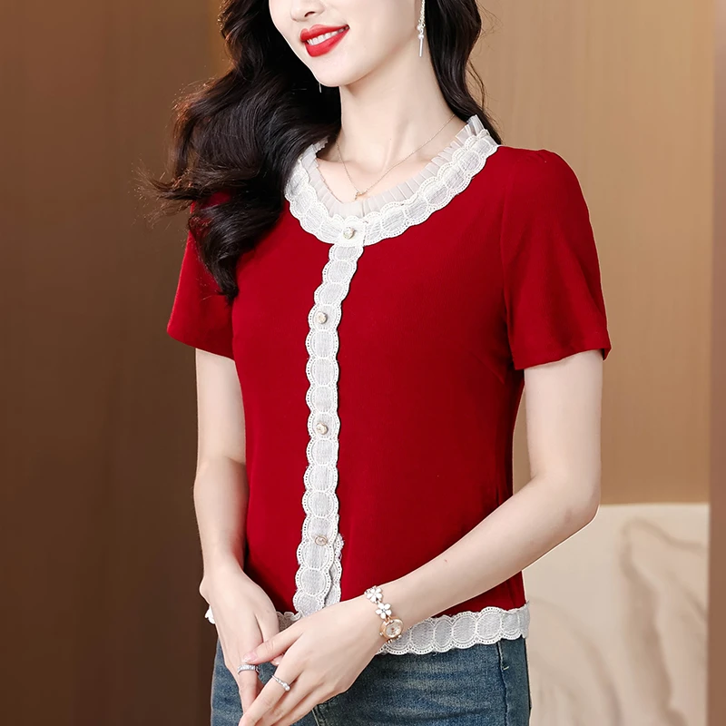 小香风短袖T恤女2025夏季新款蕾丝花边撞色修身显瘦时尚短款上衣