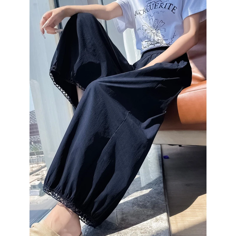 9663夏季新款极简风纯色镂空宽松时尚百搭休闲裤直筒裤