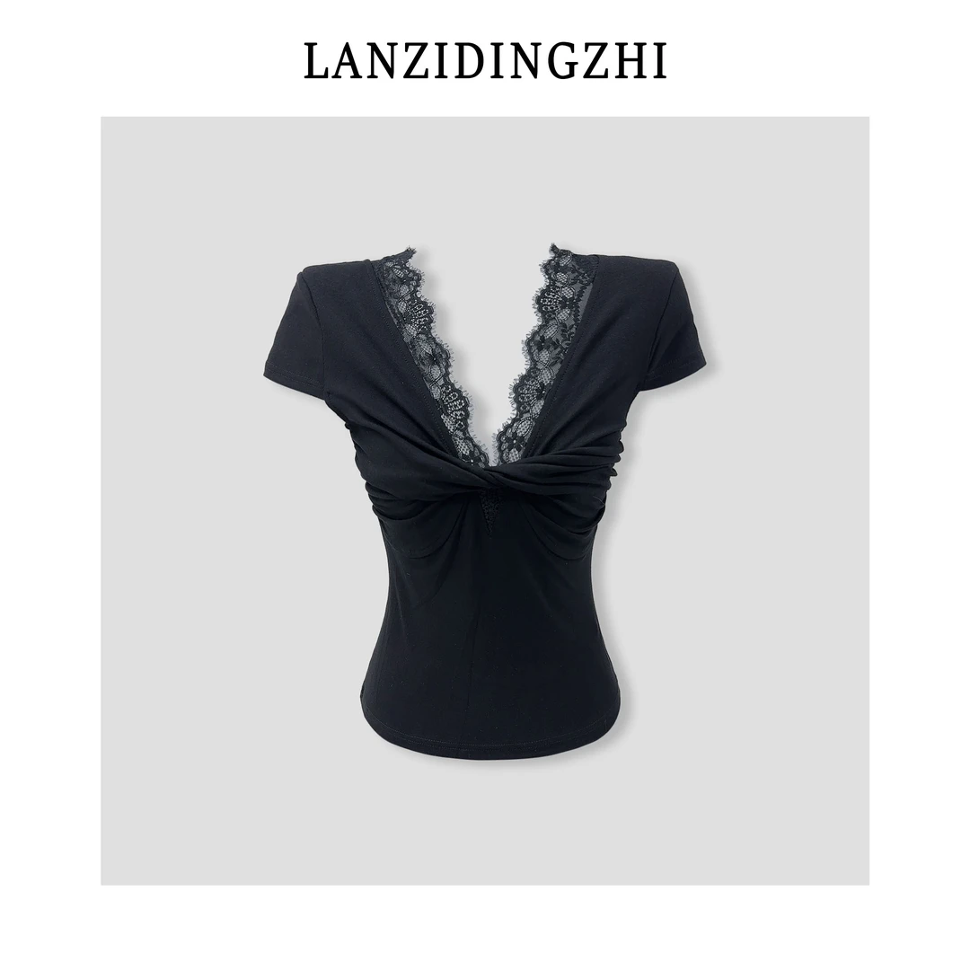 「诗雅婷婷」纯欲风性感蕾丝拼接V领短袖T恤女装夏季修身上衣