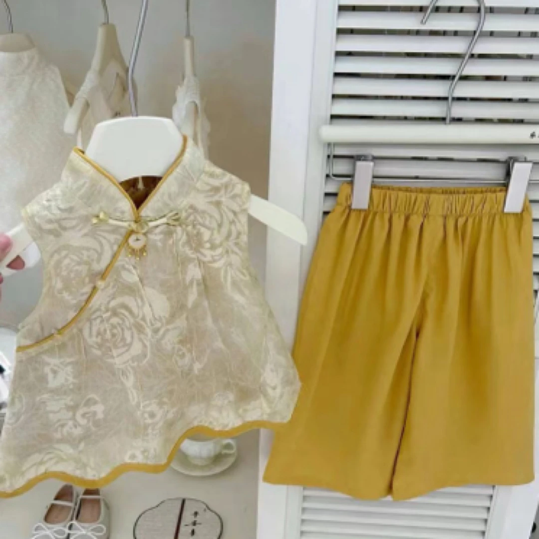 中国风女碎花套头夏季纯色套装女童汉服黄色中式夏款坎袖黄裤子
