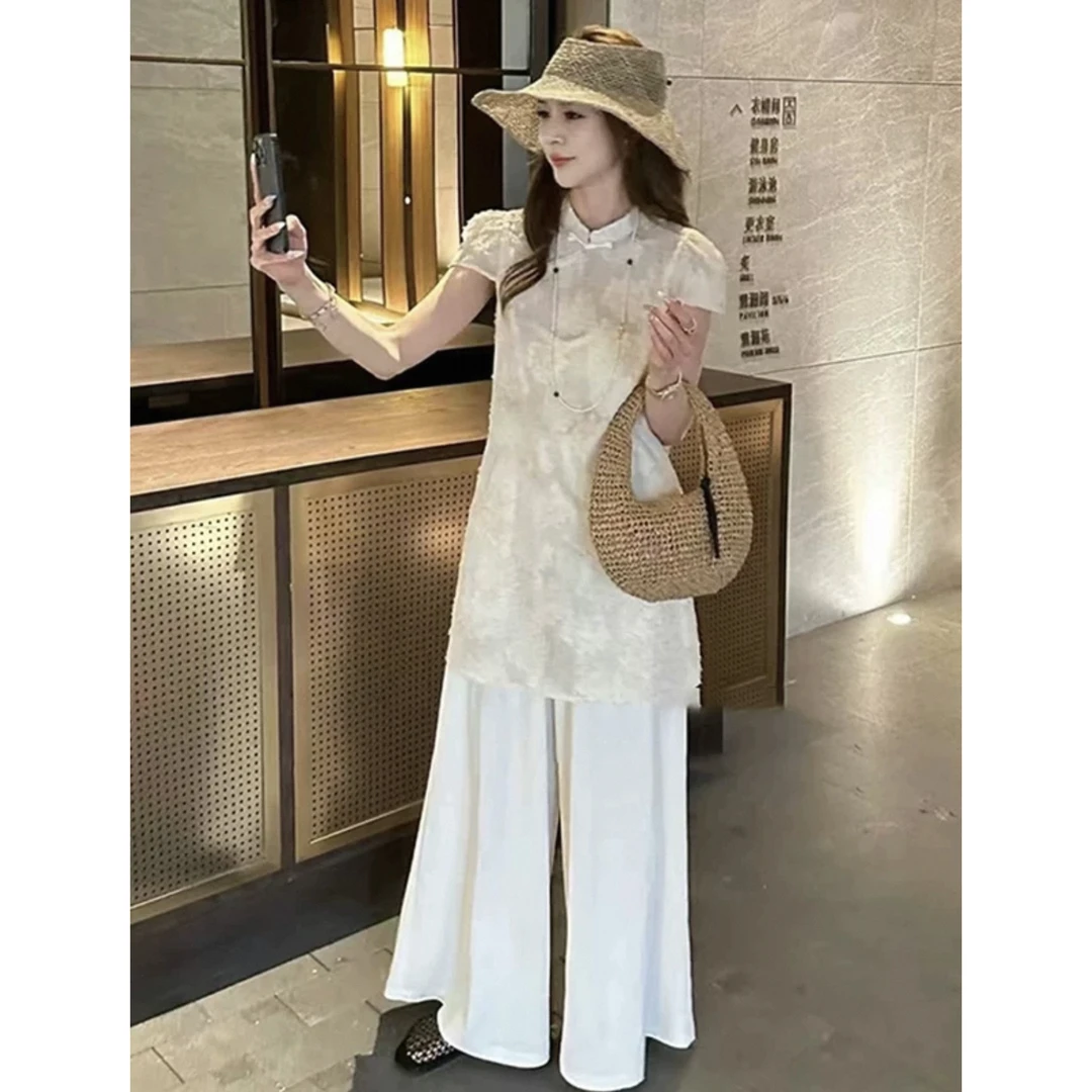 新中式白色休闲阔腿裤女装减龄中式国风时尚套装7761