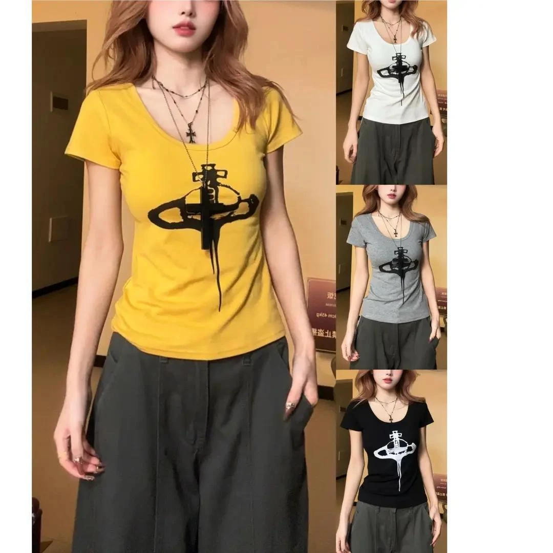 2025夏季洋气辣妹印花U领设计款修身显瘦百搭简约正肩短袖上衣女