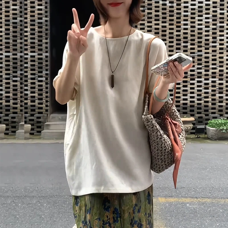 松弛感后背系扣开叉短袖衬衫女2025夏季新款轻薄垂感百搭体恤上衣