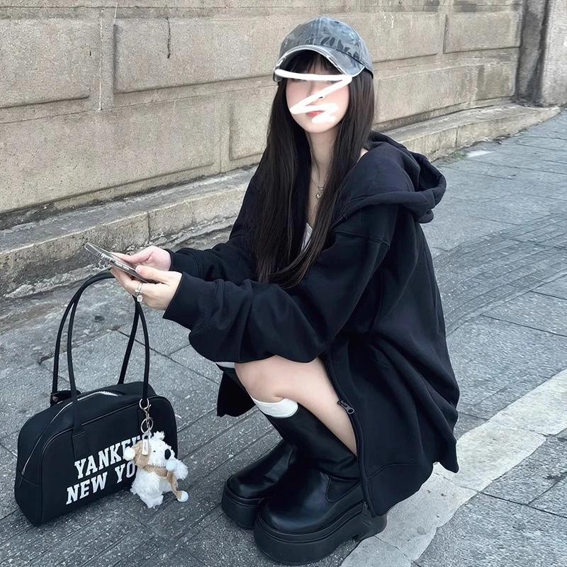 春秋拉链连帽卫衣外套女黑色2025新款爆款加绒加厚冬季开衫上衣潮