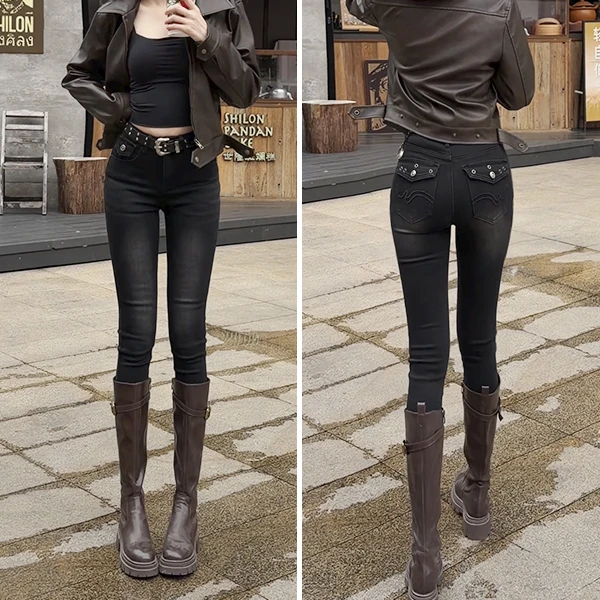 黑色中腰弹力小脚牛仔裤女秋冬修身显瘦加绒靴裤铅笔裤A6895