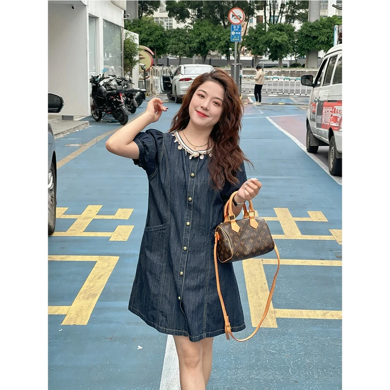 WenWen小个子高级感薄款牛仔连衣裙2025夏季新款休闲减龄裙子3684