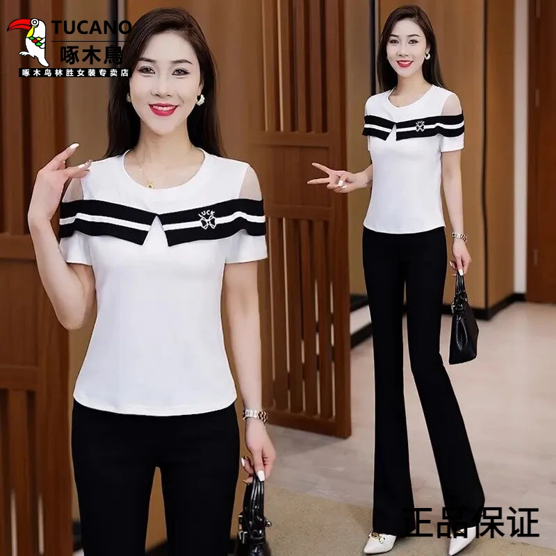 啄木鸟2025夏季新款法式露肩收腰短袖T恤女设计感气质洋气个性上
