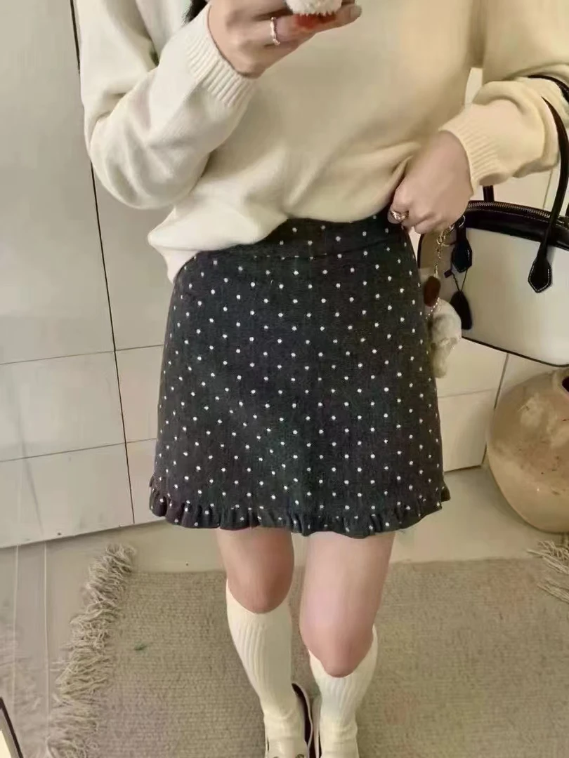 新款气质波点木耳边半身裙2876