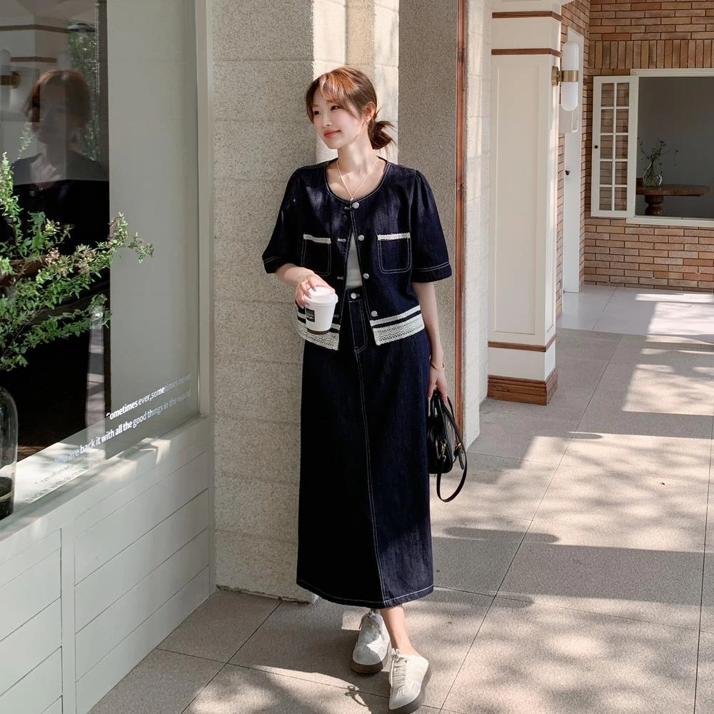 设计感蕾丝拼接牛仔套装裙女夏季2025新款盐系轻熟风半身裙两件套