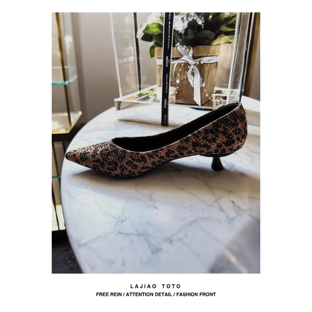 辣椒姐【满星豹纹】羊猄绒豹纹法式水晶气质女高跟鞋#A8650-22