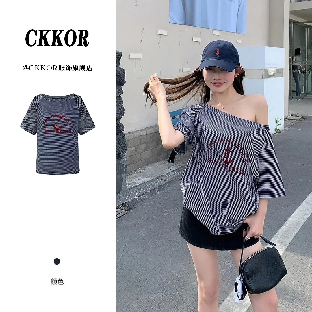 CKKOR夏季复古条纹斜肩上衣短袖t恤女穿搭时尚洋气ins欧美风印花