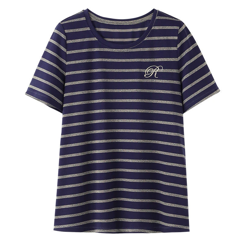 丹思慕大码女装休闲百搭夏季高弹力半袖条纹圆领时尚上衣240681