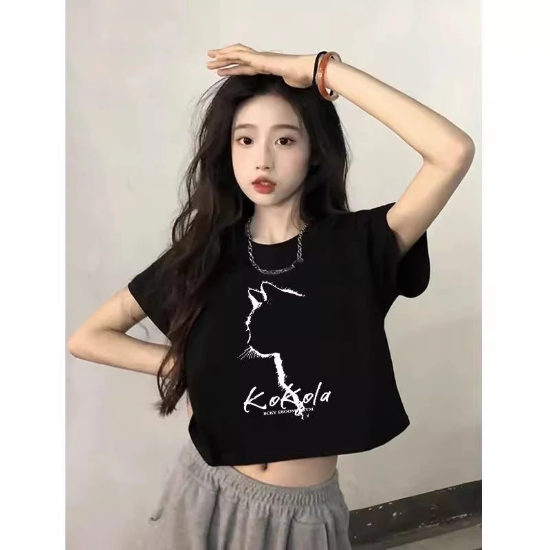 黑色短款T恤短袖2025新款女百搭显瘦纯棉猫咪露脐热辣上衣INS小众