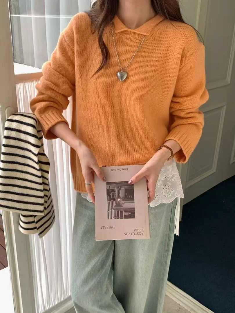 {轻奢系列}100%纯羊毛秋季卷边小翻领套头落肩宽松针织衫女装毛衣