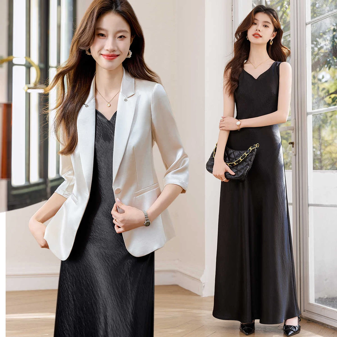 西装外套女夏季薄款2025新款小个子气质休闲醋酸缎面中袖西服上衣