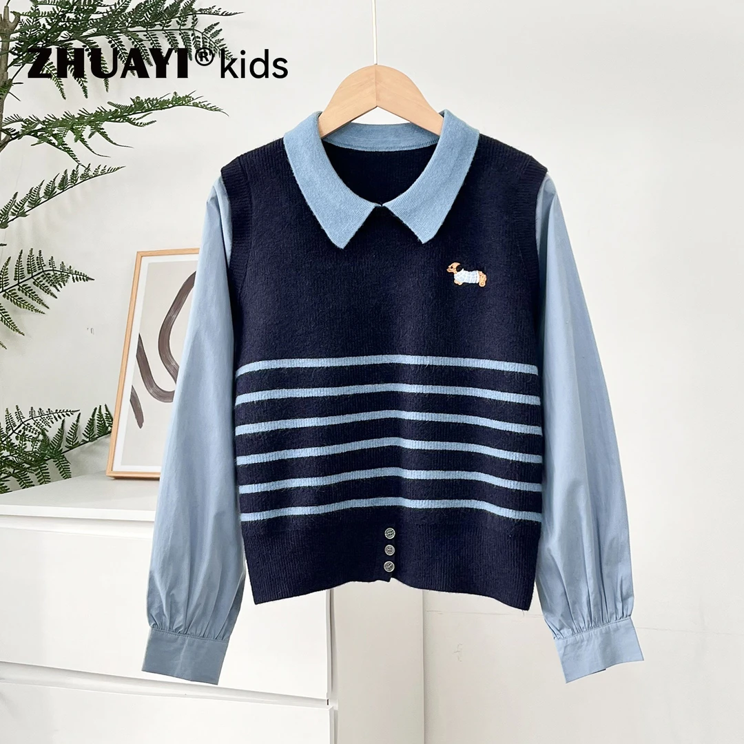 女大童学院风衬衫拼接假两件条纹翻领针织衫刺绣毛衣（25405366）1